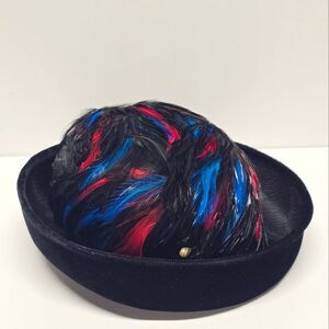 Vintage Black Red Blue Feathers Velvet And Mesh Hat Derby Church Formal Evening